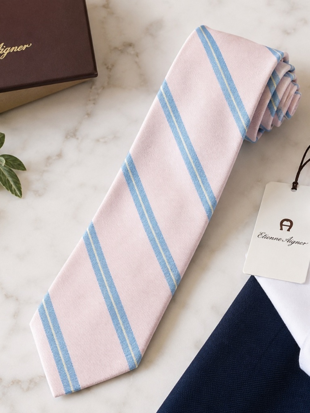 Etienne Aigner Vintage Pink Blue Regimental Stripe Cotton Blend Necktie Preppy